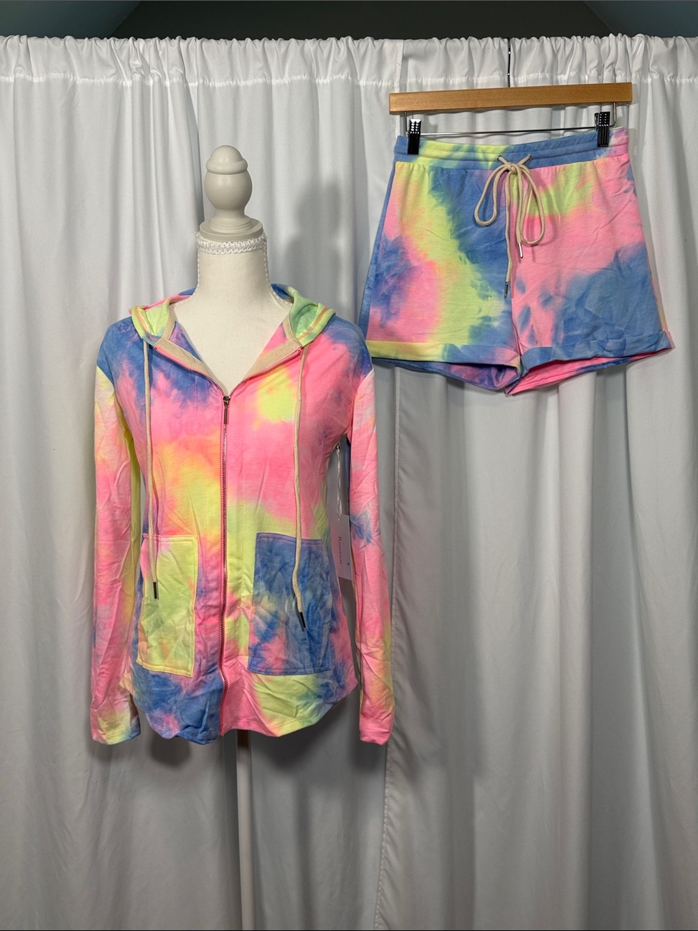 Tie-Dye Hoodie Zip Jacket & Drawstring Shorts Set